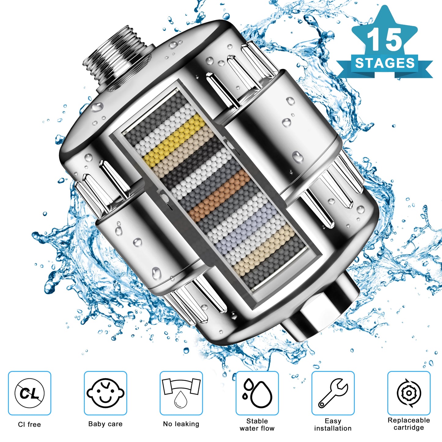 Shower Filter 15 Stages High Output Shower Filter for Hard Water Universal Water Shower Filter Head with 2 Replaceable Shower Filter Cartridges,Reduces Dry Skin