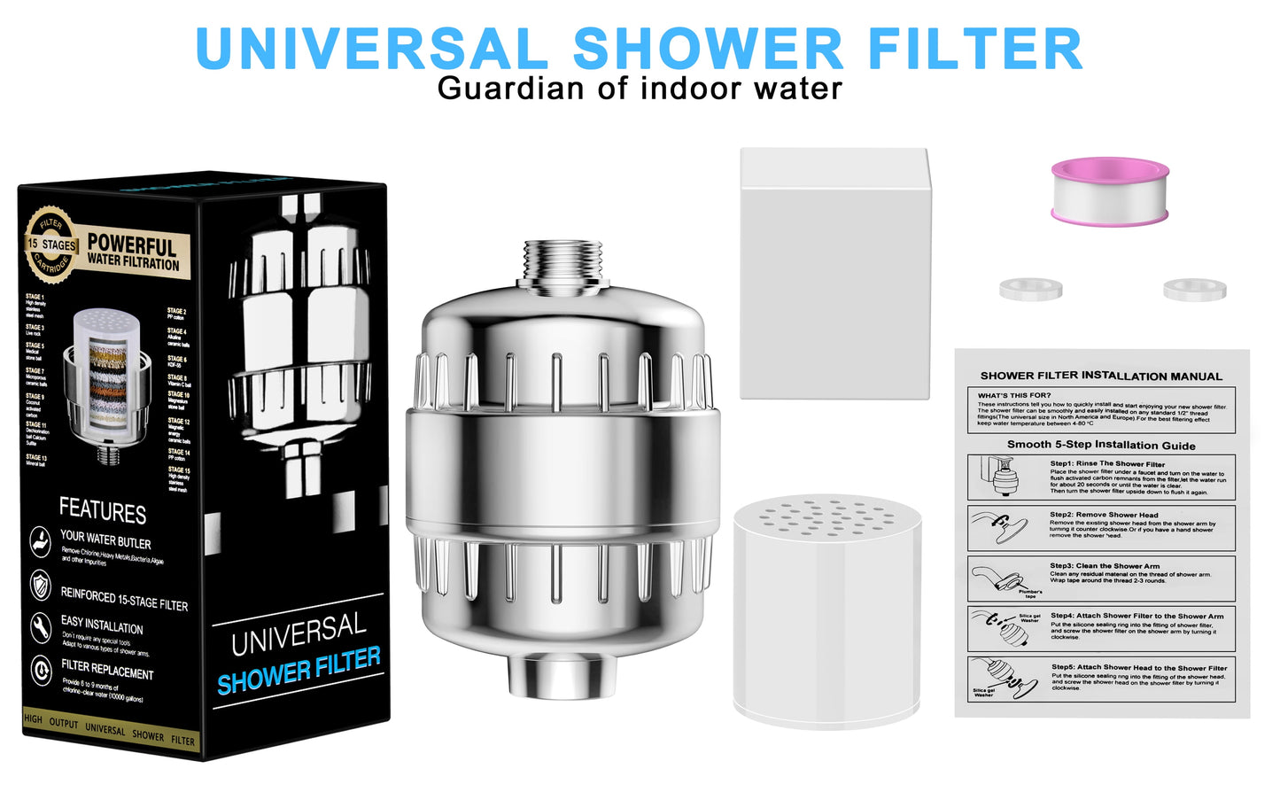 Shower Filter 15 Stages High Output Shower Filter for Hard Water Universal Water Shower Filter Head with 2 Replaceable Shower Filter Cartridges,Reduces Dry Skin