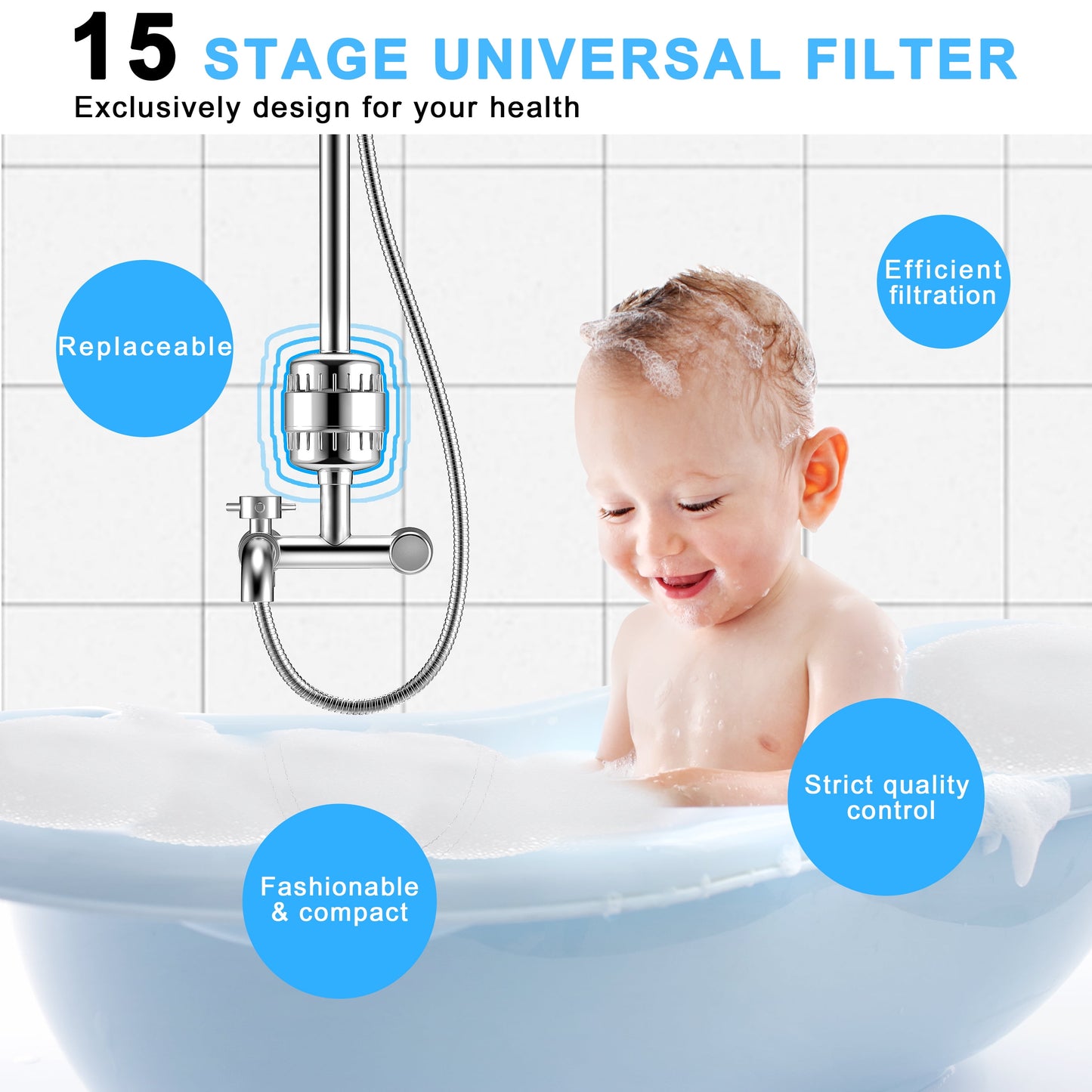 Shower Filter 15 Stages High Output Shower Filter for Hard Water Universal Water Shower Filter Head with 2 Replaceable Shower Filter Cartridges,Reduces Dry Skin